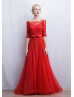 Off Shoulder Beaded Red Lace Tulle Charming Evening Dress